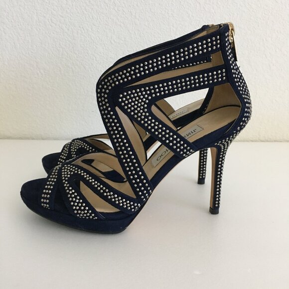 Jimmy Choo Womens 36-6US Karla Suede Mini Studs Navy/Silver Dust Bag Box 4"Heels - Picture 5 of 16